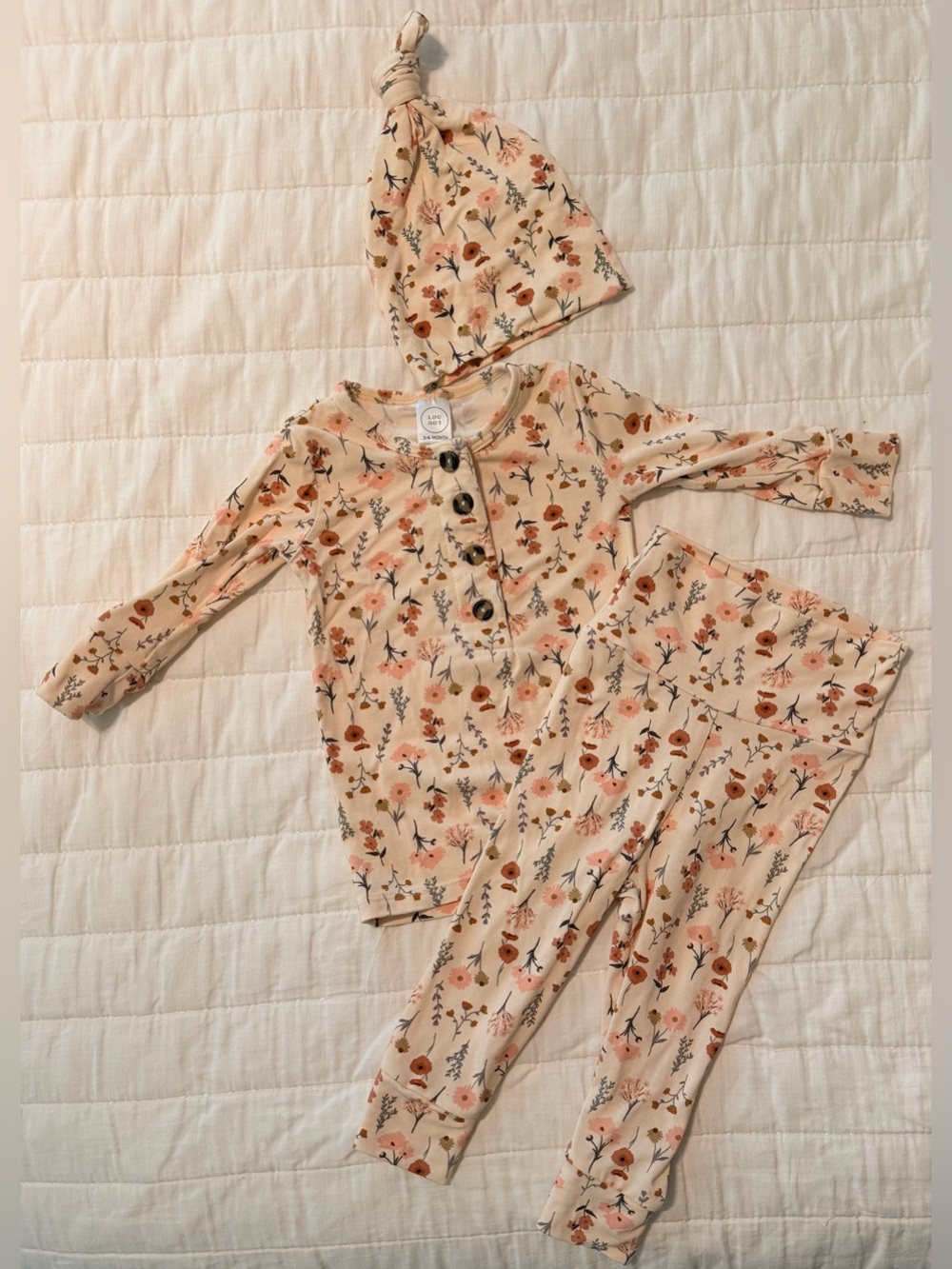 Lou Lou & Company Cream Floral Pajama Set with Knot Hat